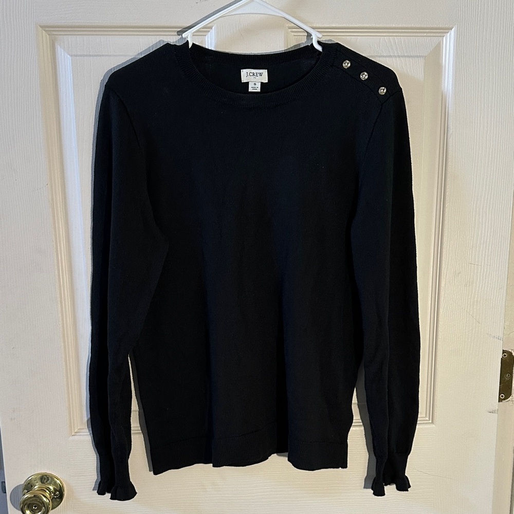 J. Crew Black Crewneck Sweater with Rhinestone Button Detail 100% Cotton